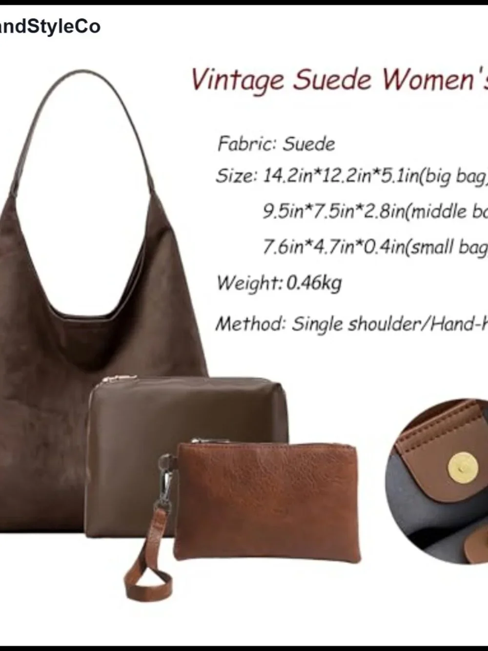 Faux Suede Handbag Set 3 Pcs Hobo Shoulder Bags Purse for Work Travel